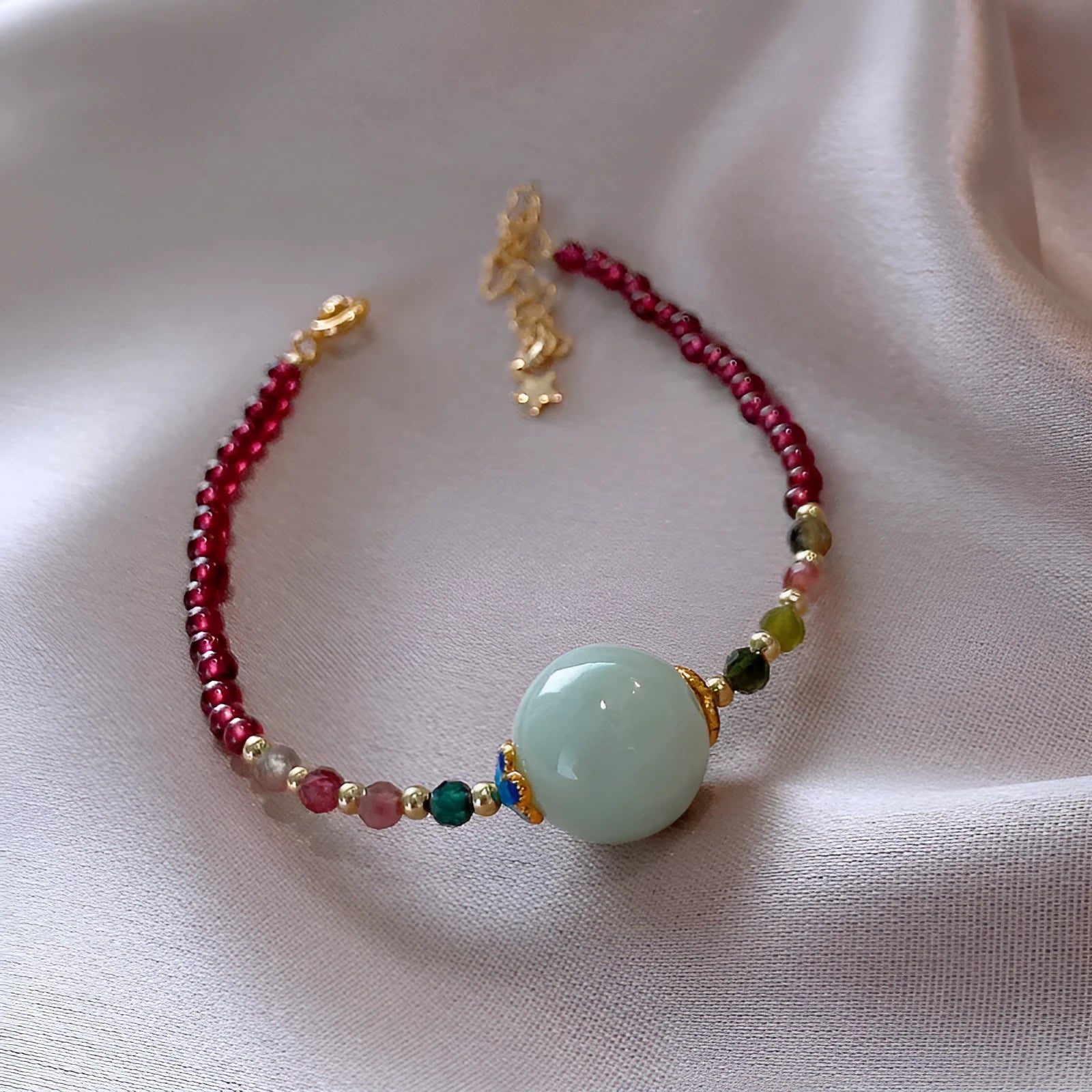 Aquamarine and garnet drop shape bracelet with tourmaline stones in Chinese Korean style