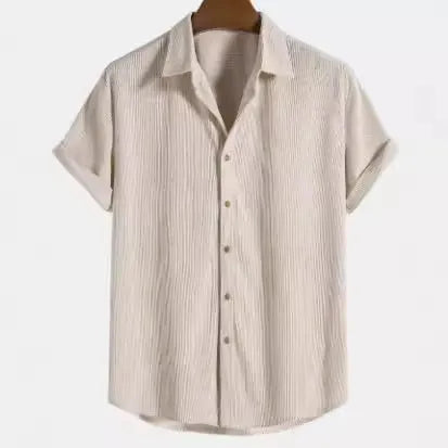 Casual short-sleeved men's cardigan-style shirt in polyester, shown in available colours.
