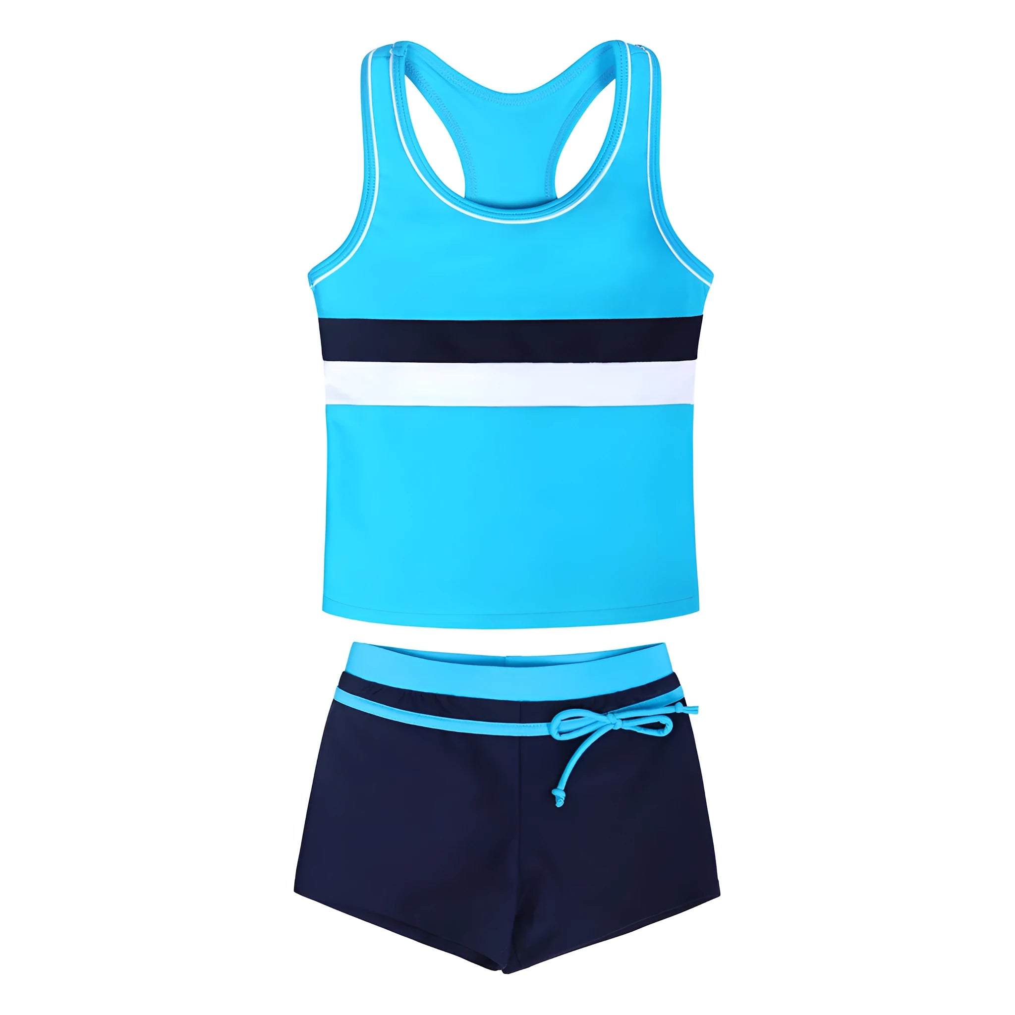Girls' blue two-piece swimsuit set with chest pad top and boxer shorts, laid flat