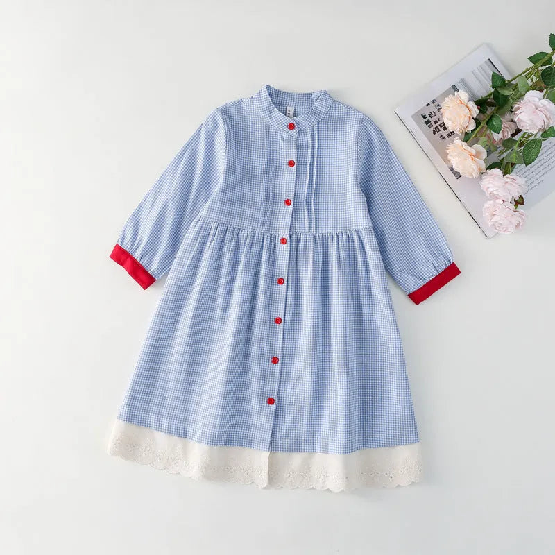 Blue plaid overknee cotton dress for girls, retro style, suitable for height 90-130cm