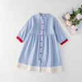 Blue plaid overknee cotton dress for girls, retro style, suitable for height 90-130cm