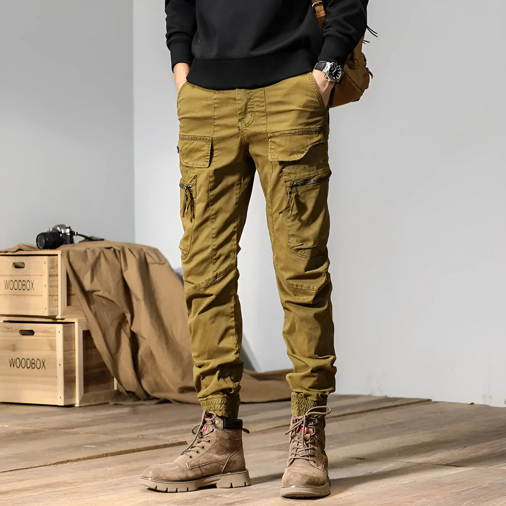Men's cotton Japanese workwear overalls in army green, straight leg, mid-waist, autumn casual trousers