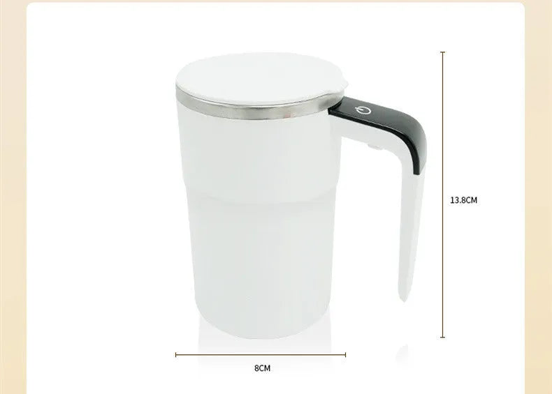 White automatic stirring electric mug with LCD temperature display and USB charging cable