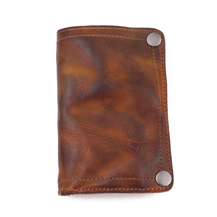 Men's retro-style long cowhide leather wallet open to show card slots, coin pocket, and bill compartment.