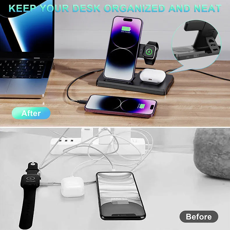 Folding bracket three-in-one wireless charger in black charging an iPhone, Apple Watch, and AirPods on a desk