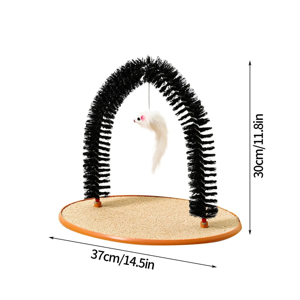 Black arch-shaped cat scratching post with brush, attached plush mouse toy, and non-slip base.