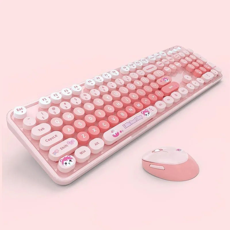 Wireless keyboard and mouse set in a mixed colour option on a desk.