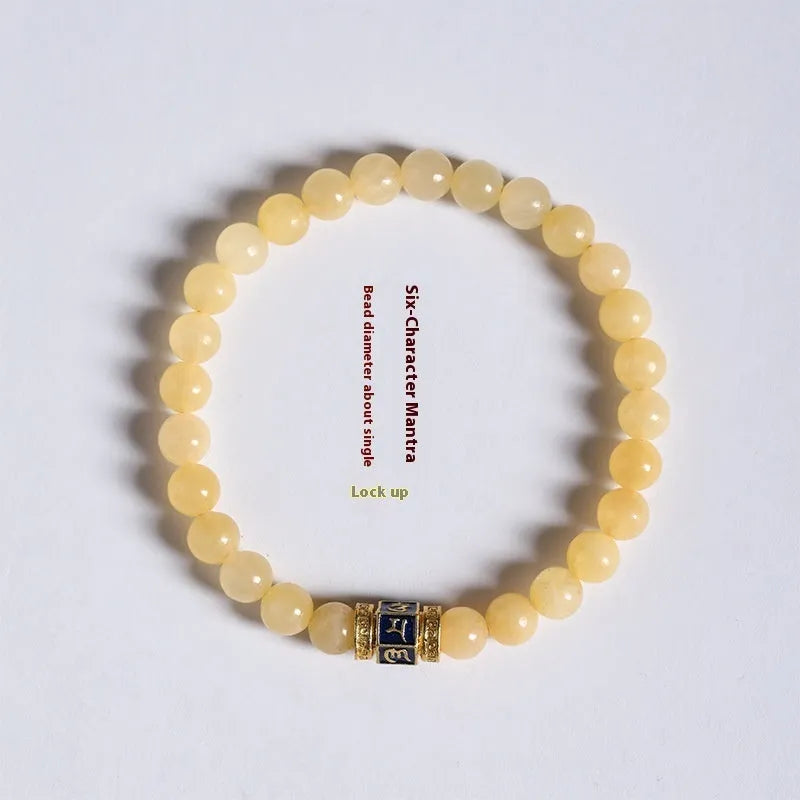 Women's hand-woven topaz bracelet with 6mm mantra barrel beads and square jade charms