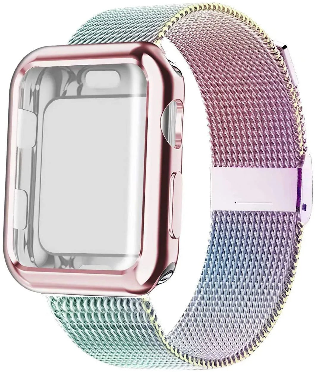Apple Watch with black magnetic Milanese loop band showing adjustable magnetic clasp on wrist.