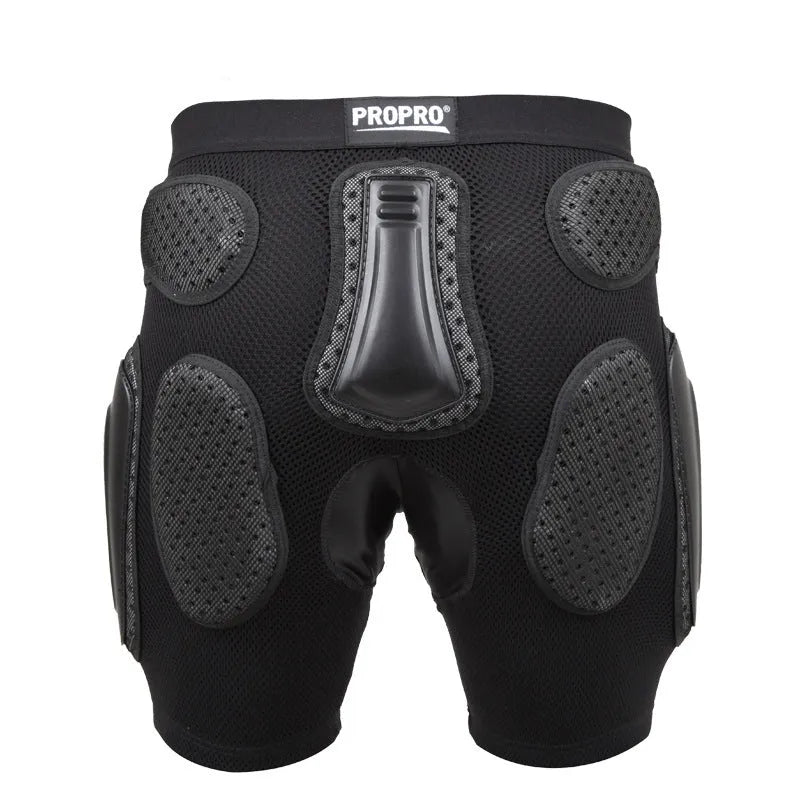 Black cycling hip pad protective pants with adjustable waistband for mountain biking and motocross
