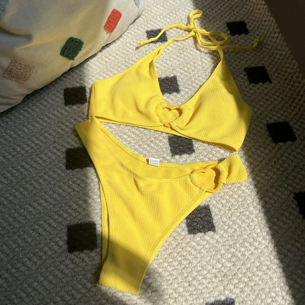 New Love split swimwear set for women, polyester top and shorts, beige colour, sleeveless briefs style, summer beachwear