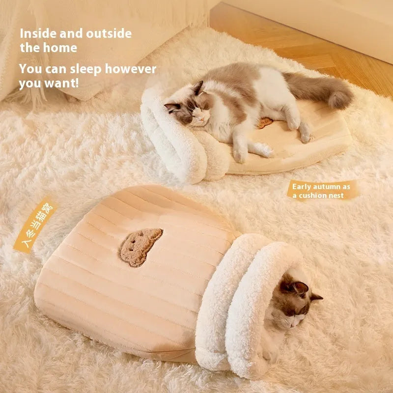 Cat sleeping bag nest with fleece fabric exterior and bear pattern in light brown colour