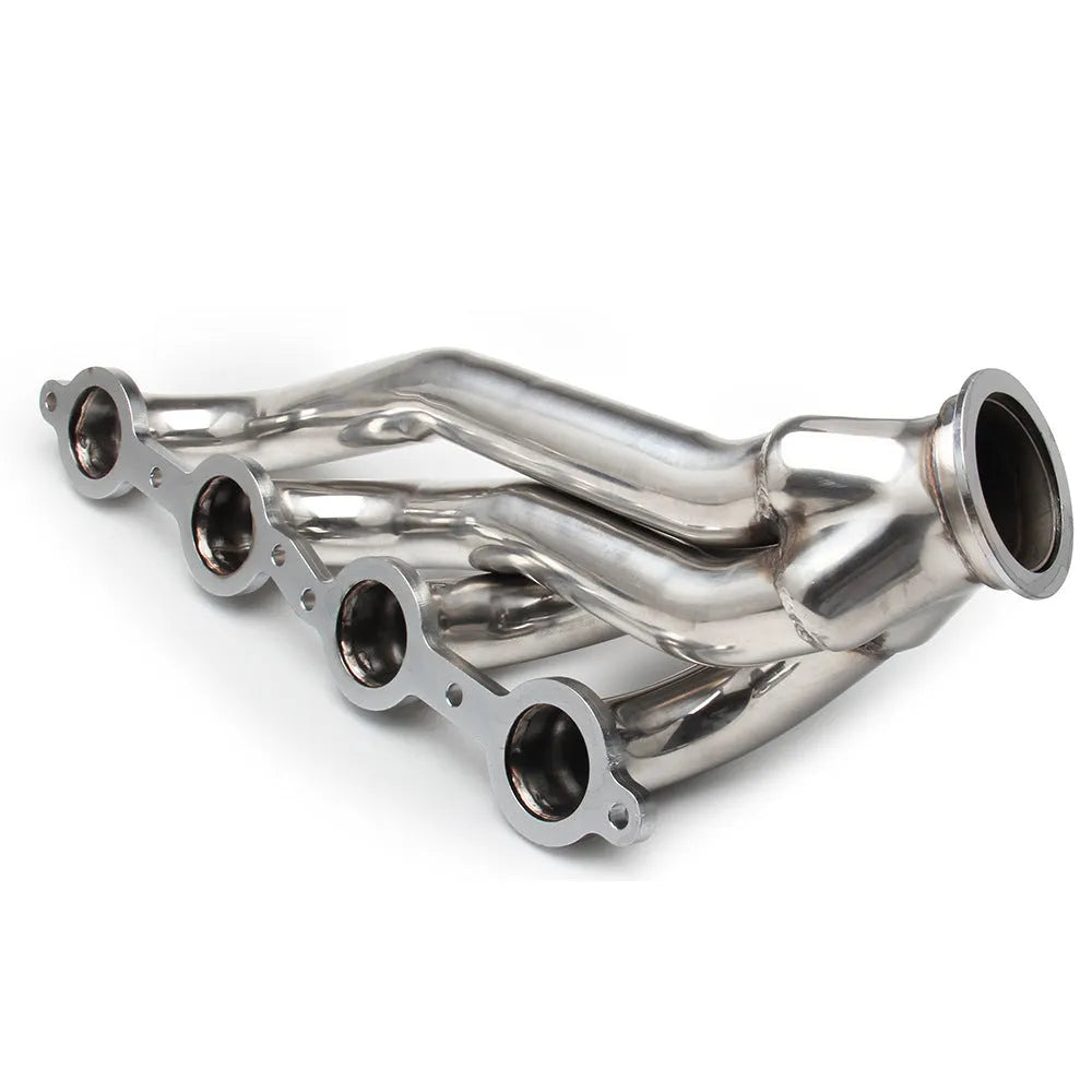 Silver 304 stainless steel modified exhaust manifold for Chevrolet LS1 LS2 LS3 LS6 engines.
