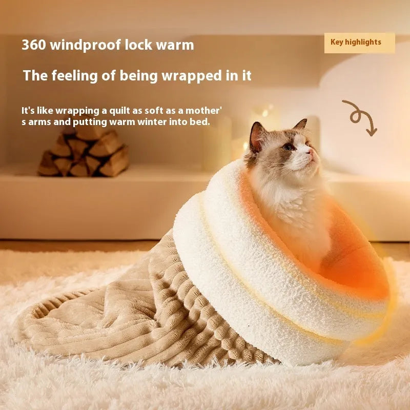 Brown plush pet sleeping bag with semi-enclosed design for cats