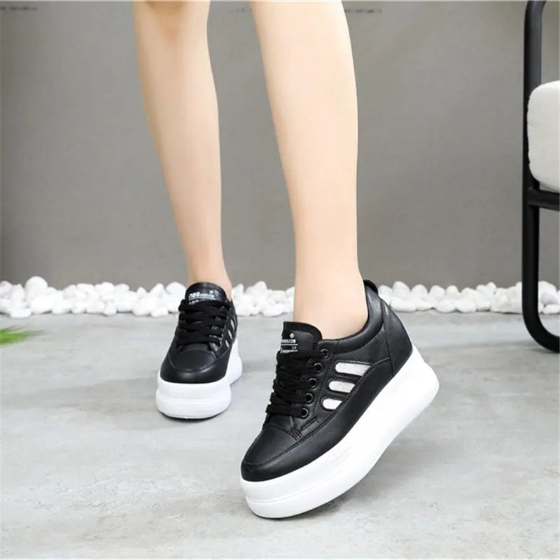 Women's white wedge platform shoes with PU upper round toe and 6-8CM heel