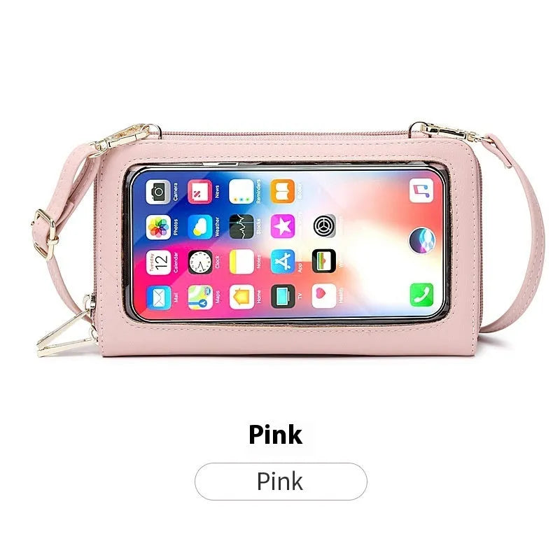 Touch screen phone bag crossbody anti-theft swiping long wallet in PU leather, 20.5x5x12 cm, available in multiple colours