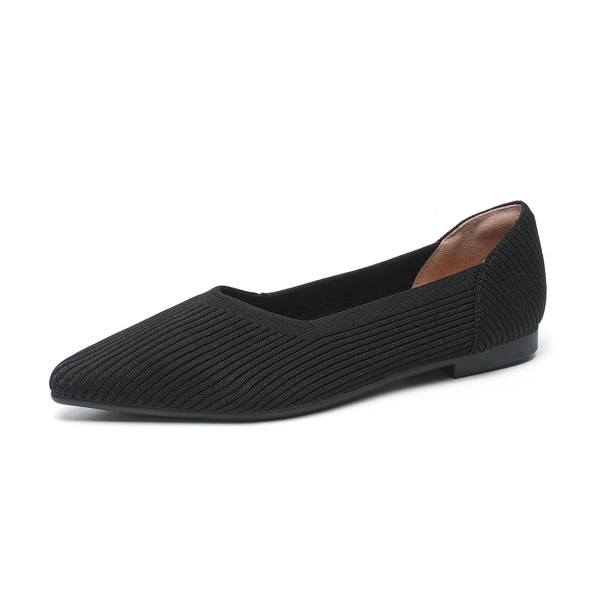 Women's apricot knit pointed flat pumps with a shallow mouth and rubber sole.