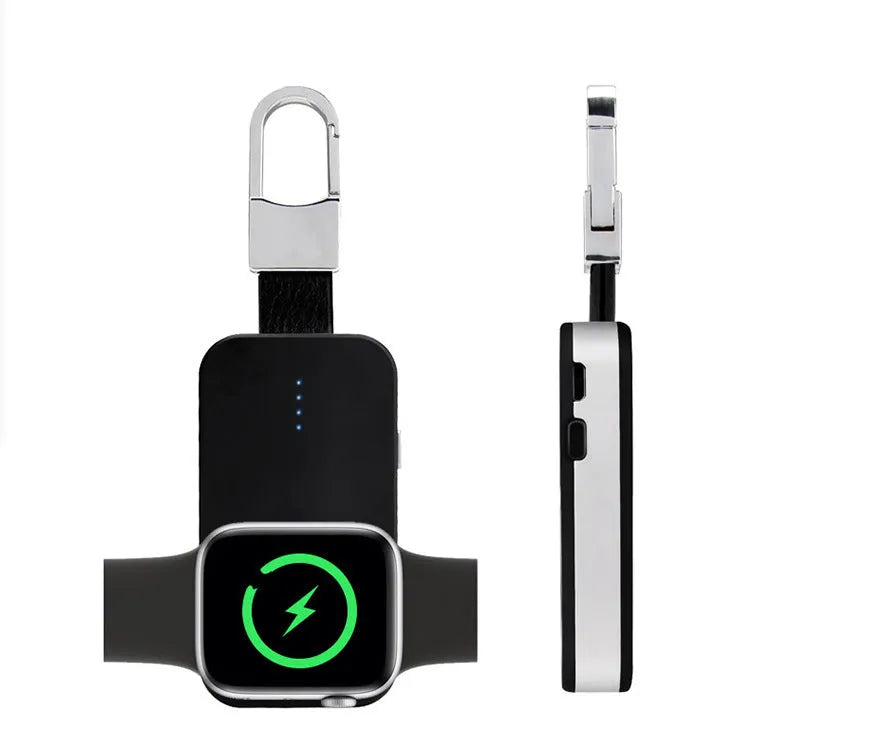 Black Apple Watch wireless keychain power bank showing compact size and charging surface.