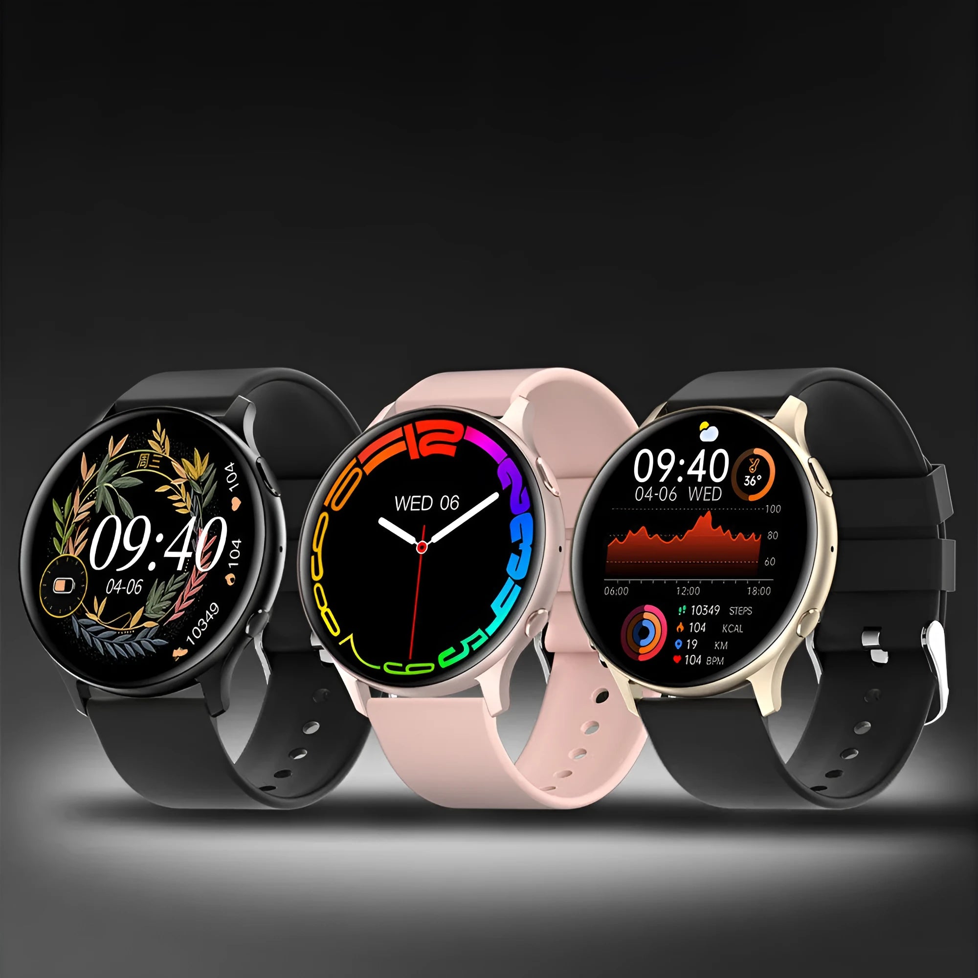 Black smartwatch with silicone strap showing heart rate and call functions on a 1.32-inch screen