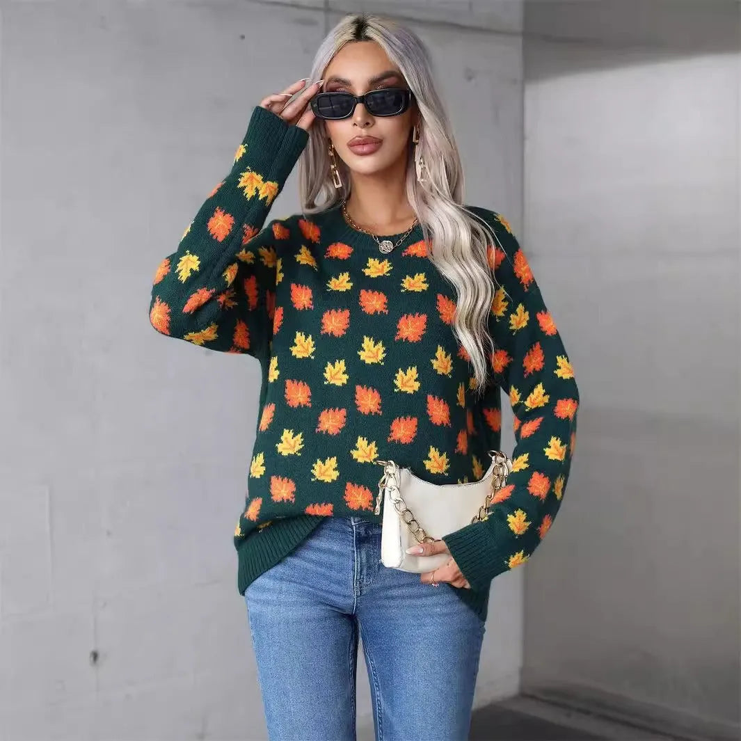Beige maple leaf Christmas loose fit sweater with contrast colour detailing