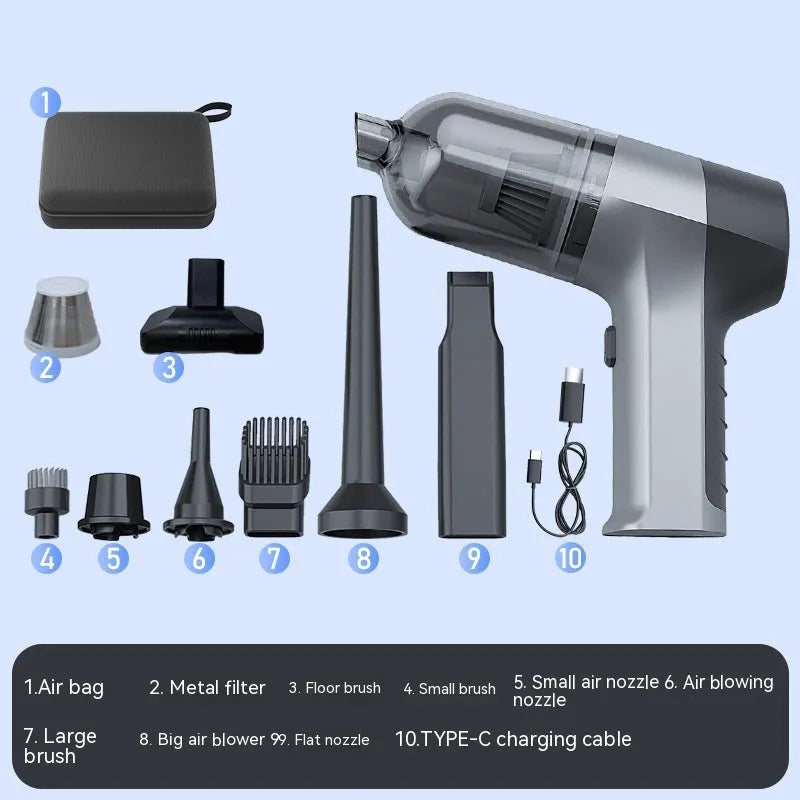 Wireless handheld car vacuum cleaner with brushes and nozzles on grey background