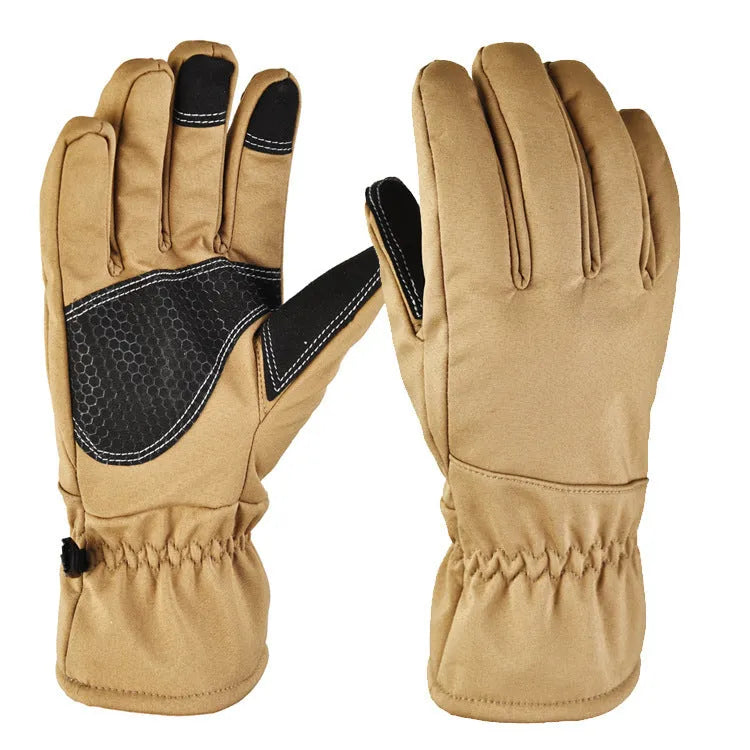 A pair of tactical camouflage ski gloves with a non-slip palm and touch-screen fingertips on a neutral background.
