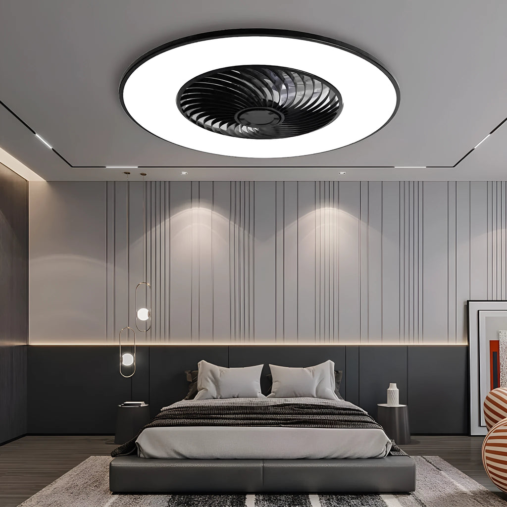 Invisible ceiling fan light with retracted ABS blades and acrylic shade in white finish