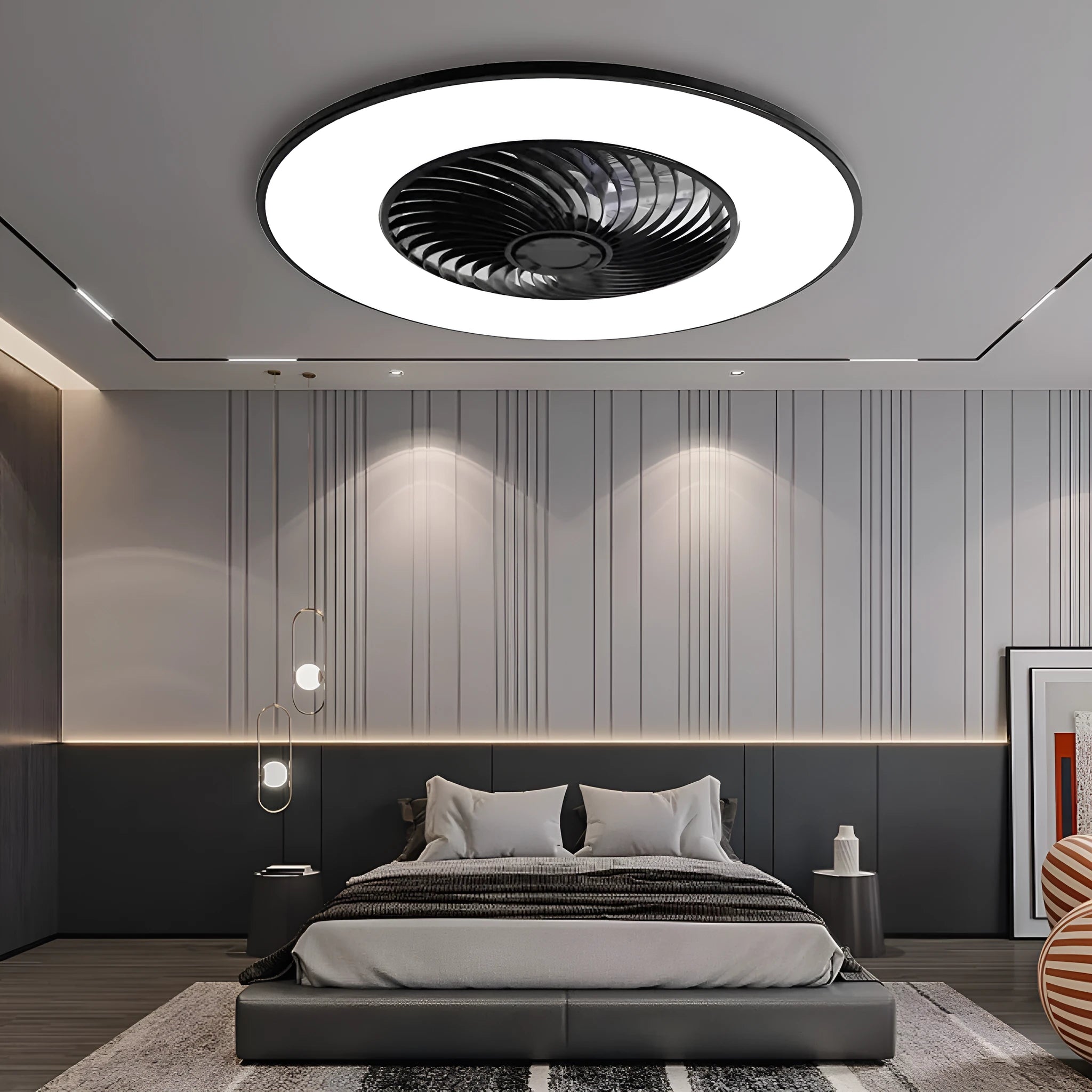 Invisible ceiling fan light with retracted ABS blades and acrylic shade in white finish