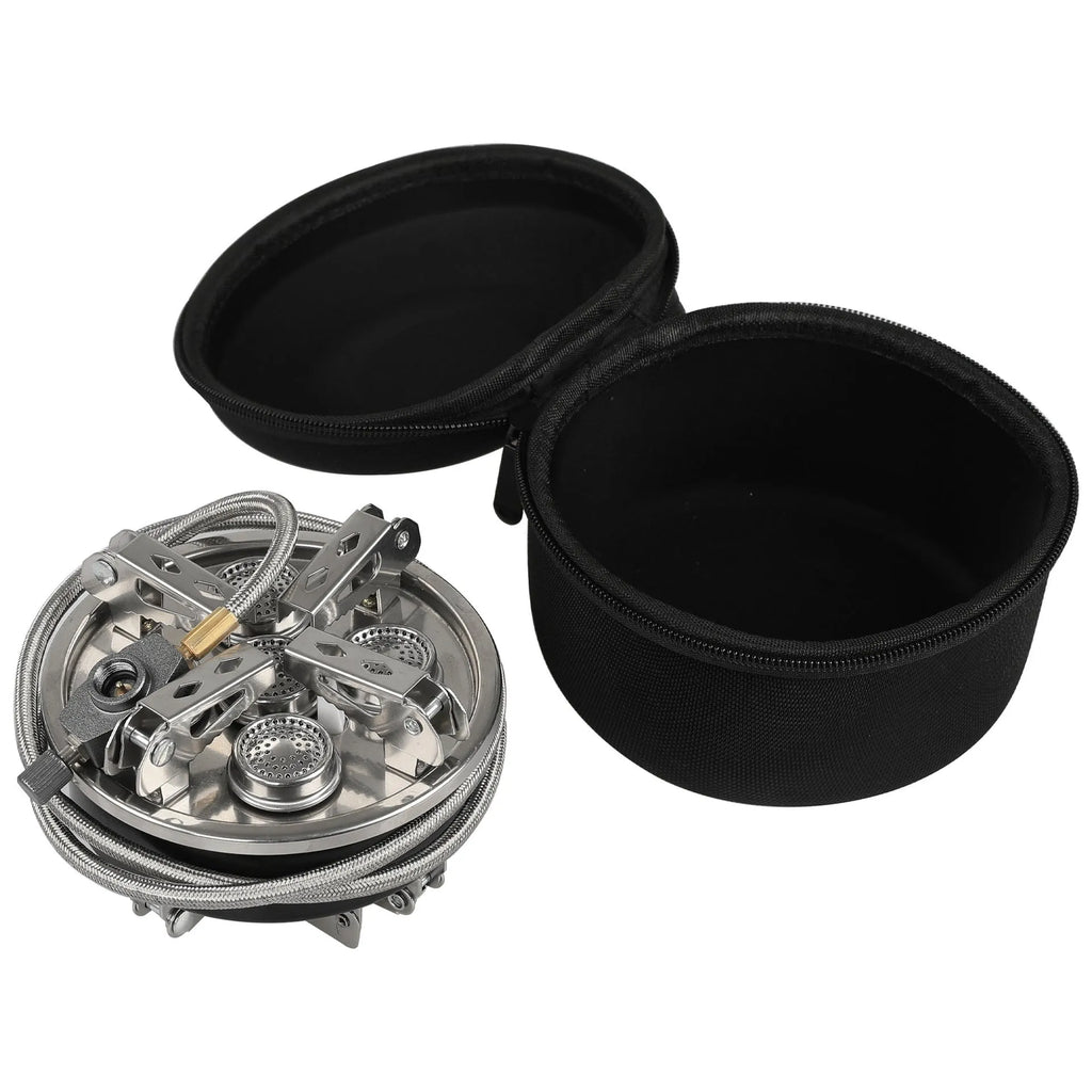 Silver stainless steel split camping stove with folded legs and a coiled 100cm fuel hose, shown next to a ruler showing 155mm length.