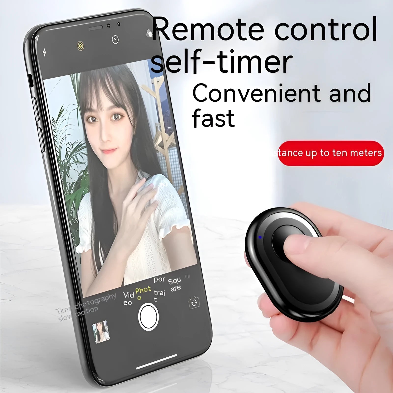 Wireless Bluetooth remote control for smartphone photography in black, pink, or purple colours