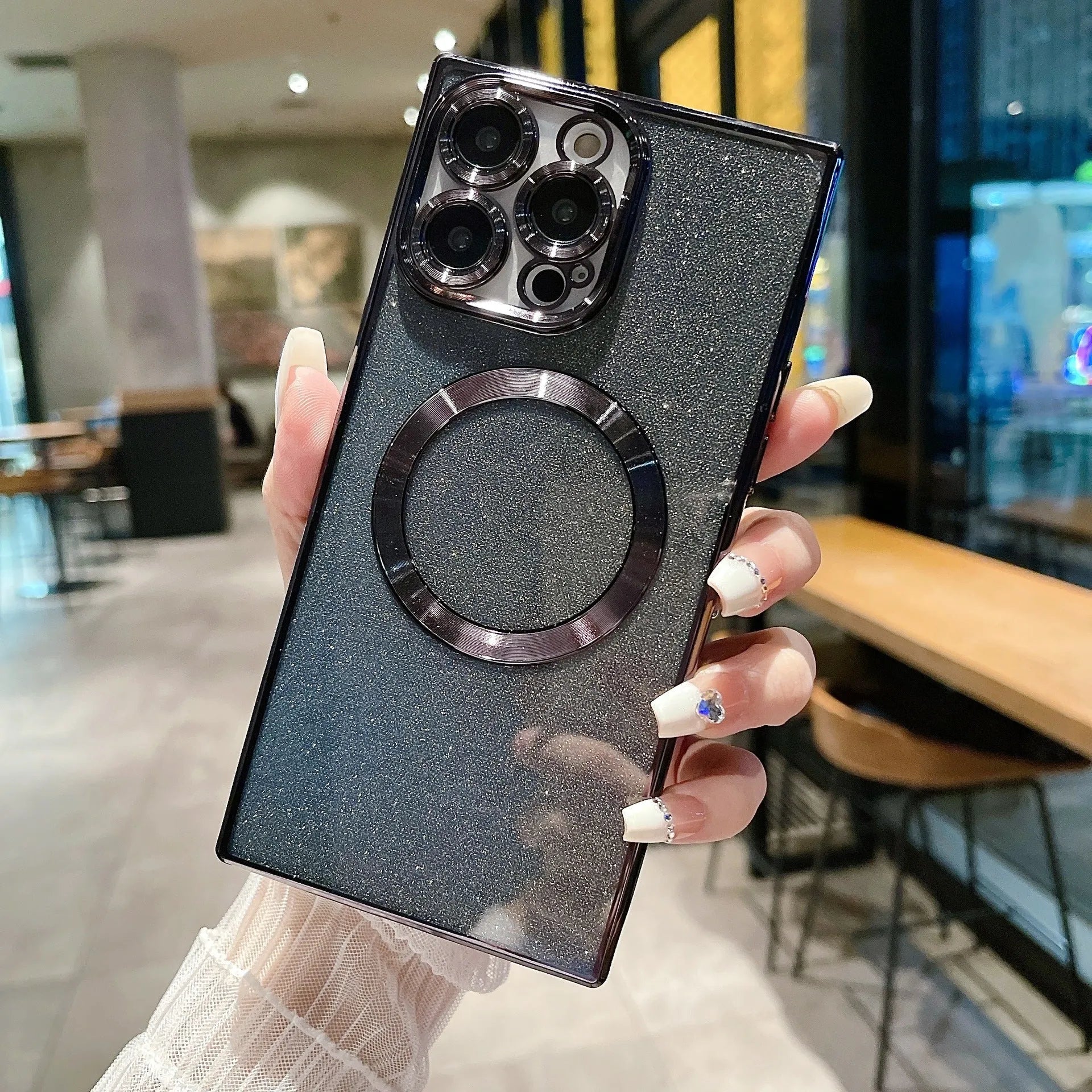 Square electroplated transparent solid colour phone case for iPhone with drop protection, black finish