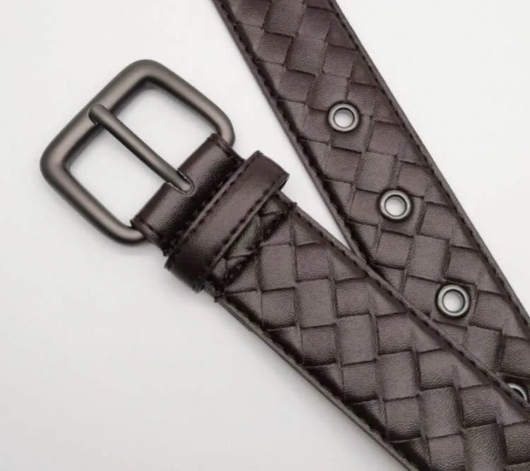 Children's top layer cowhide belt with copper needle buckle, embossed geometric pattern, coffee colour, 3.5cm width