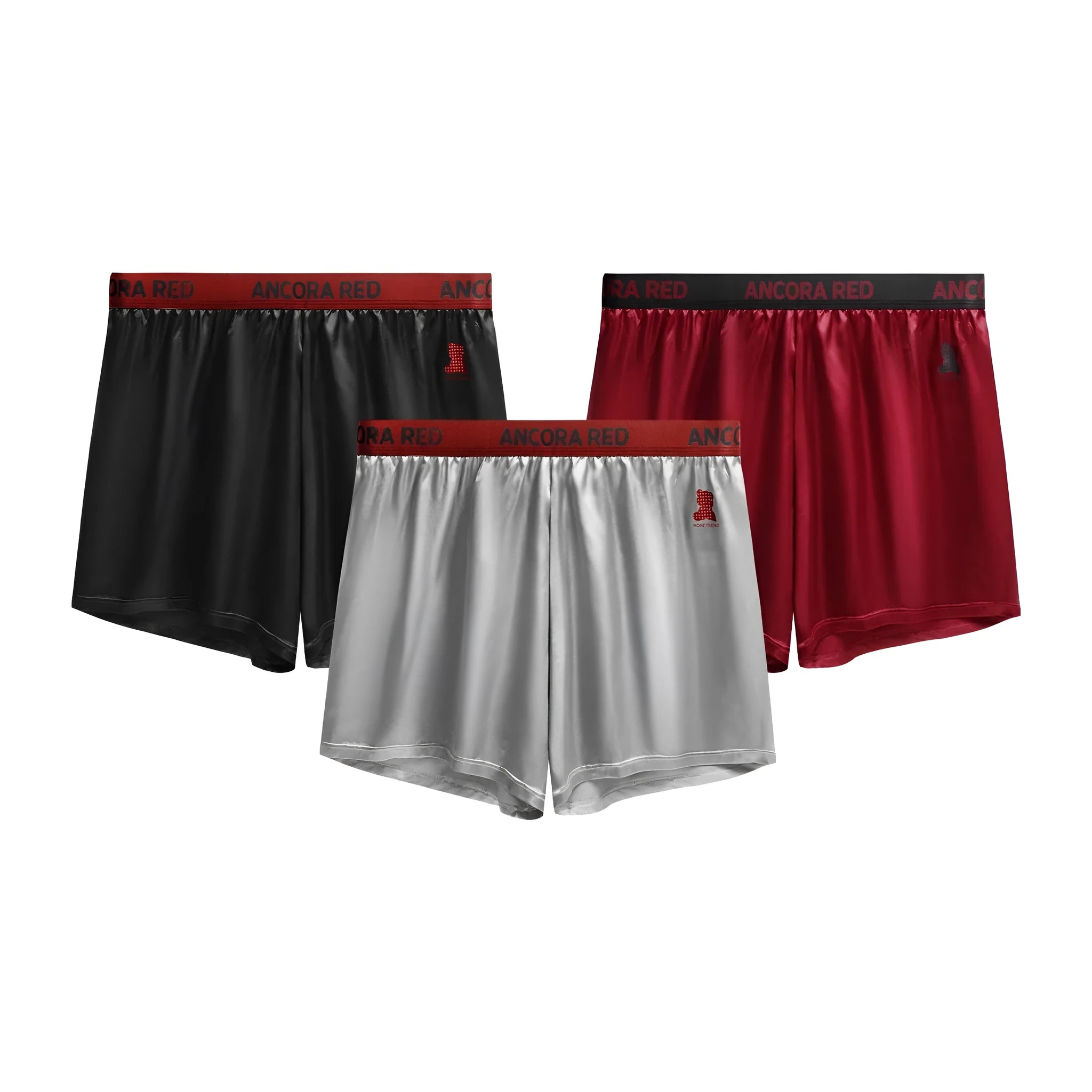 Solid colour men's boxer briefs on a mid waist, shown in black, red, blue, silver, purple, and brown.