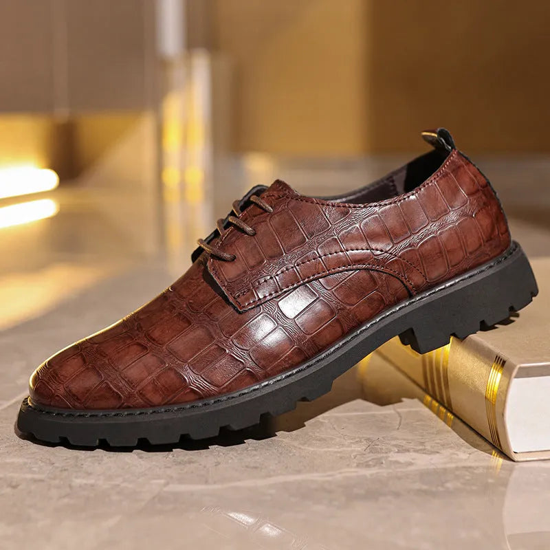 British style men's casual dress shoes round head low top artificial PU non-slip rubber sole black brown