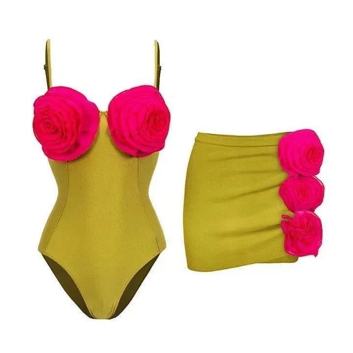 Solid colour women's one-piece swimsuit on a mannequin, showing hollow-out cut design and separate skirt option.