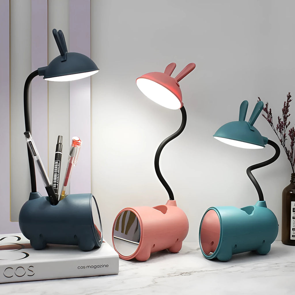 Cartoon-style USB desk lamp with pen container in modern simplicity design