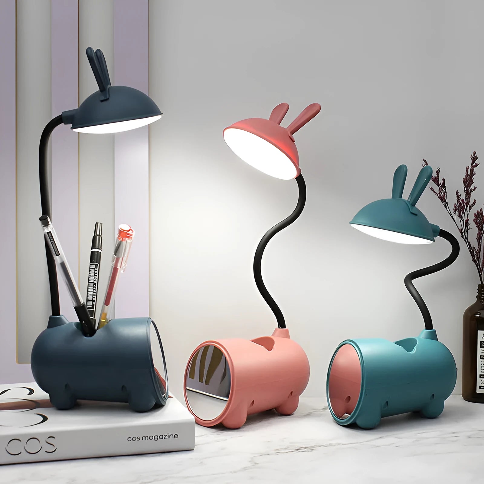 Cartoon-style USB desk lamp with pen container in modern simplicity design
