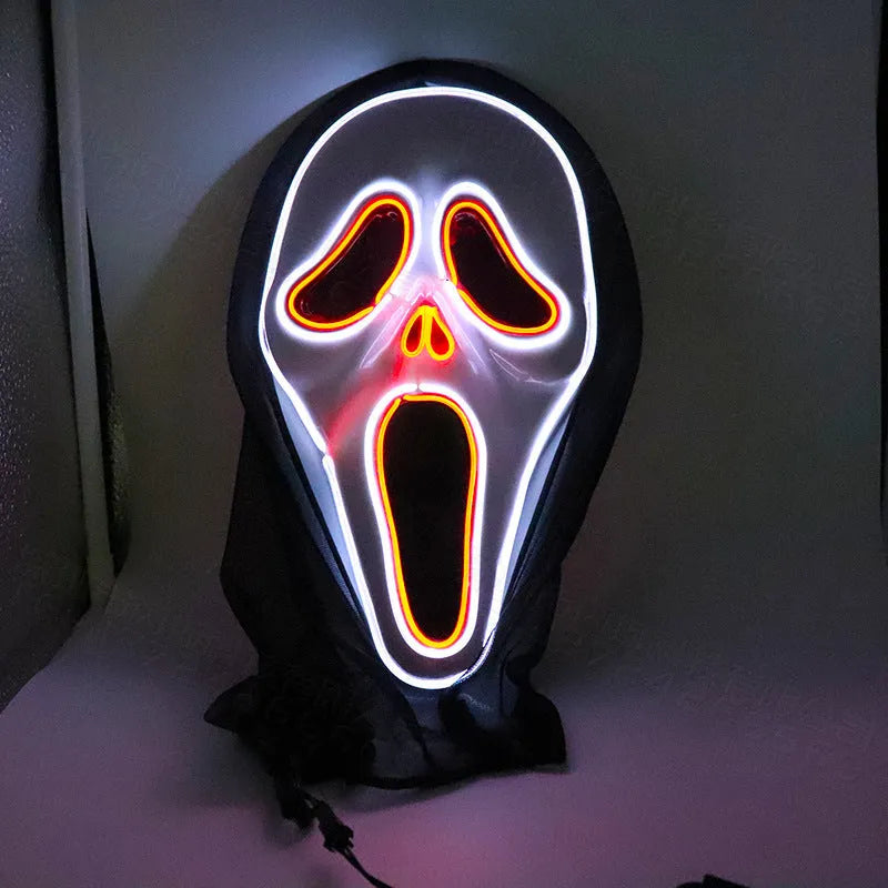 Halloween scary skull LED glowing screaming mask with white shell and ice blue light on plastic headgear