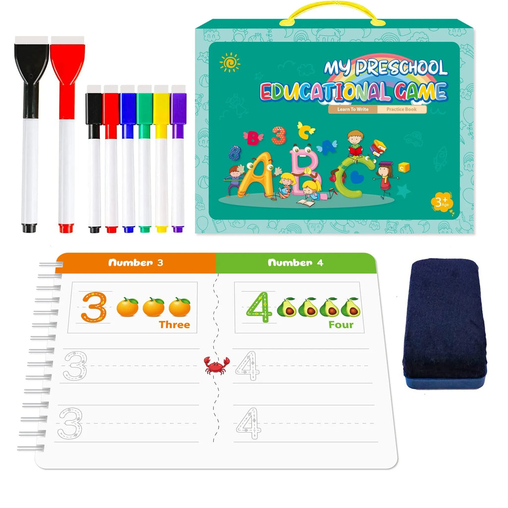 Montessori handwriting practice book set with erasable coloured pens and reward stickers in gift box