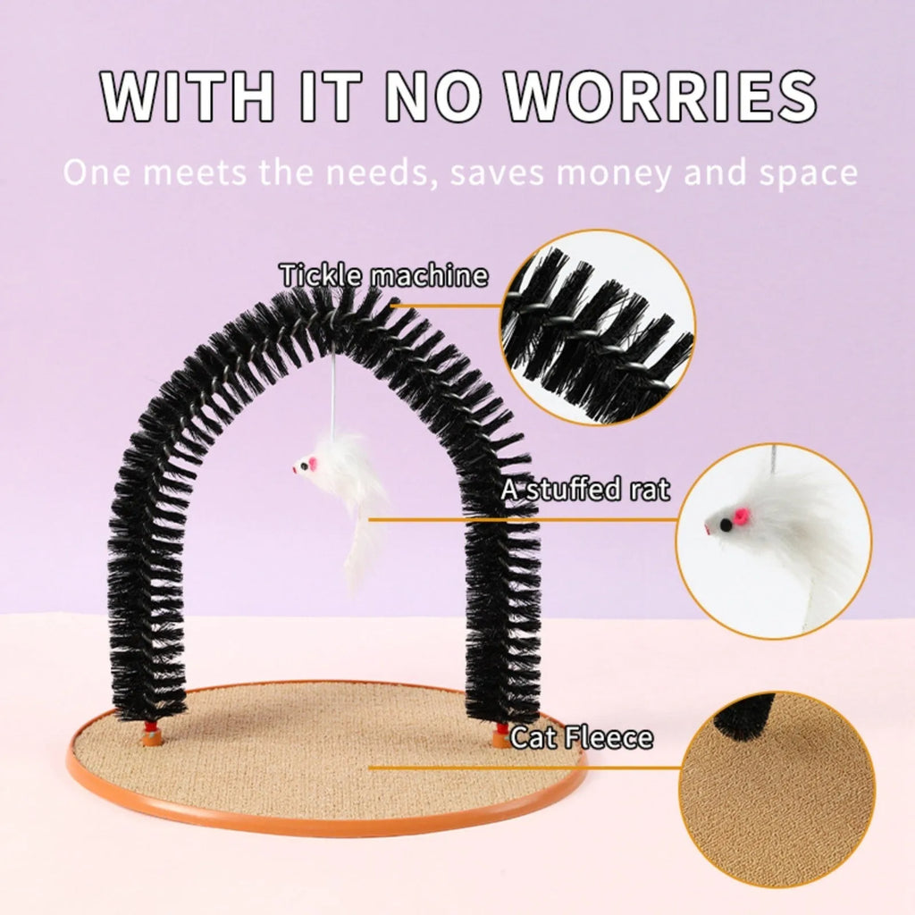 Black arch-shaped cat scratching post with brush, attached plush mouse toy, and non-slip base.