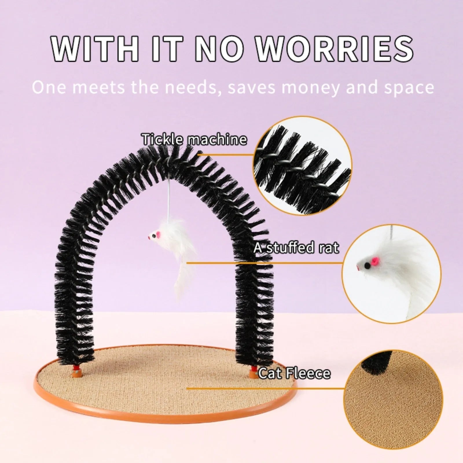 Black arch-shaped cat scratching post with brush, attached plush mouse toy, and non-slip base.