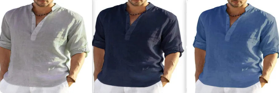 Men's casual cotton linen shirt in a solid colour with a stand collar and long sleeves.