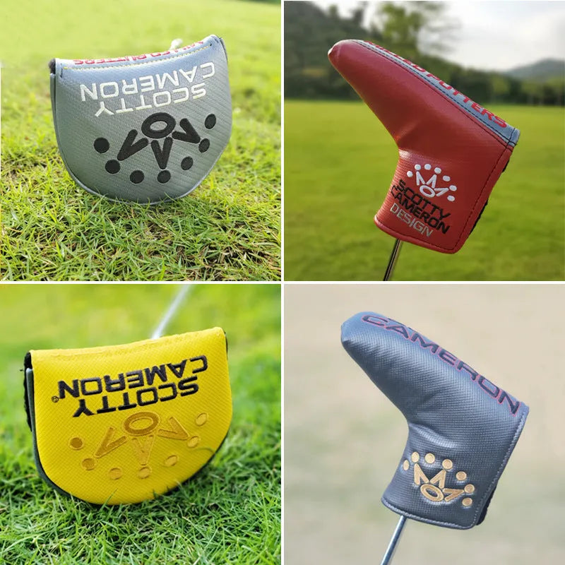 Grey semicircle straight strip PU leather golf putter head cover with one-line design