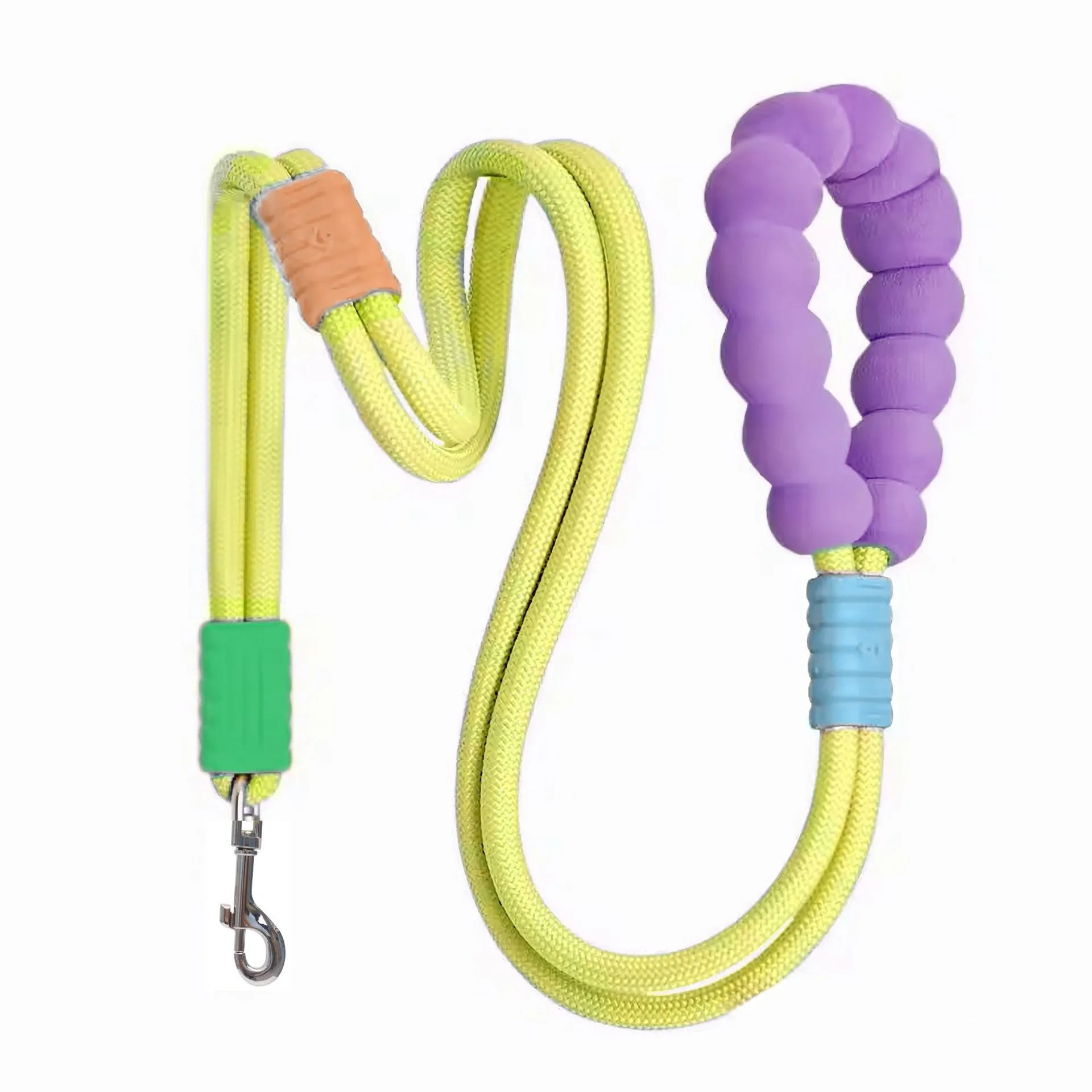 Dog traction rope leash with foam handle in four colour options: black, light purple, sky blue, yellow