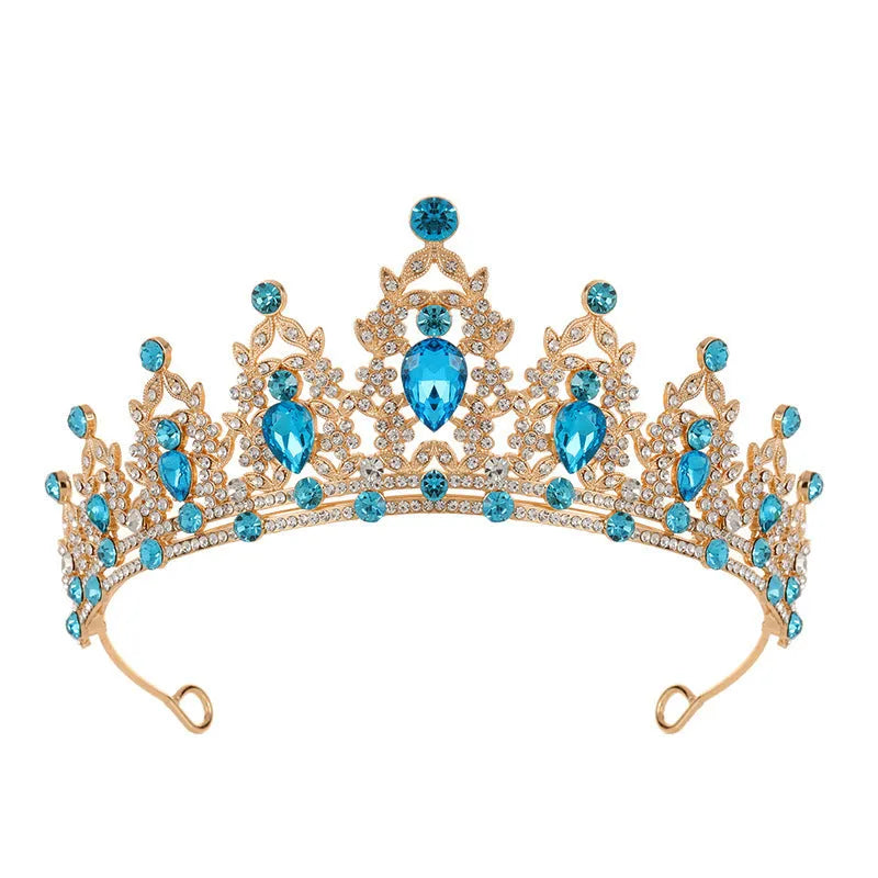Baroque bridal crown headdress with rhinestones on an alloy frame in silver and gold colour options.