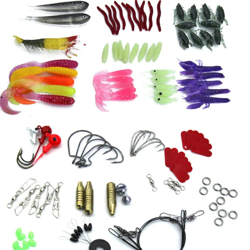 Rose red 132-piece soft bait fishing lure set with plastic baits and high carbon steel hooks in a storage case.