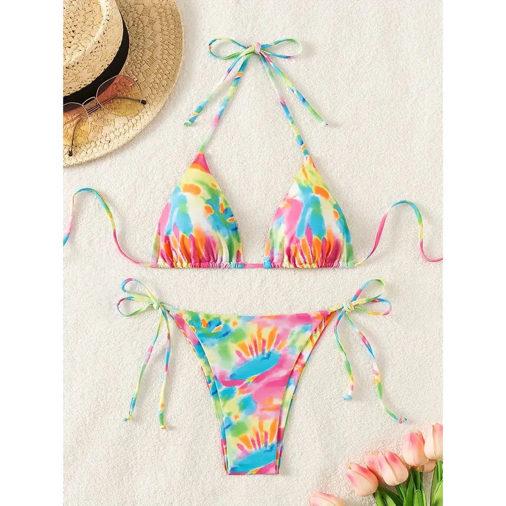 Women's camouflage halter bikini two-piece set in solid colour with adjustable ties, size range XS to 5XL