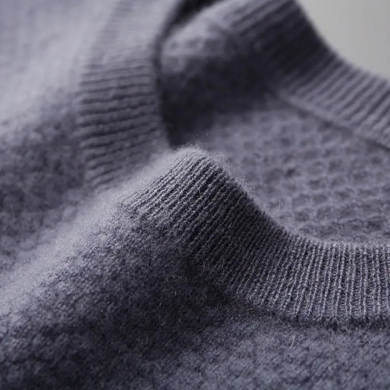 Men's cashmere pullover sweater with pineapple stitch round neck in camel colour