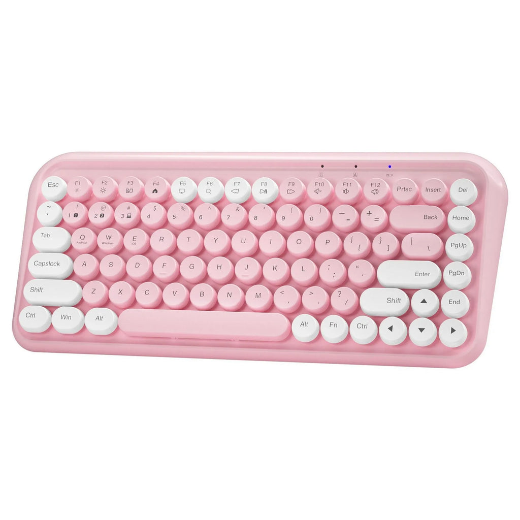 Pink Bluetooth keyboard with 84 quiet mechanical keys in compact wireless design