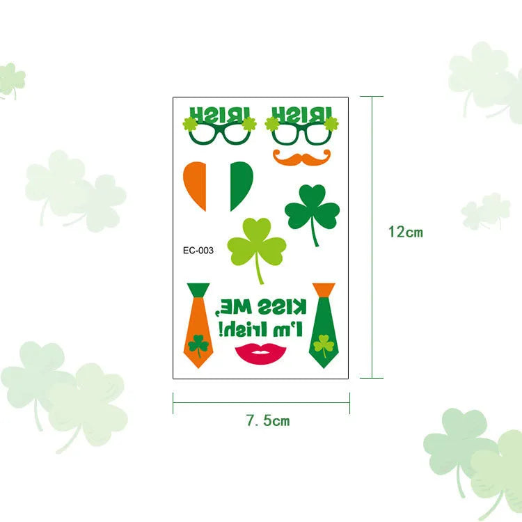 St. Patrick's Day green clover temporary tattoo sticker on paper sheet for children's faces.
